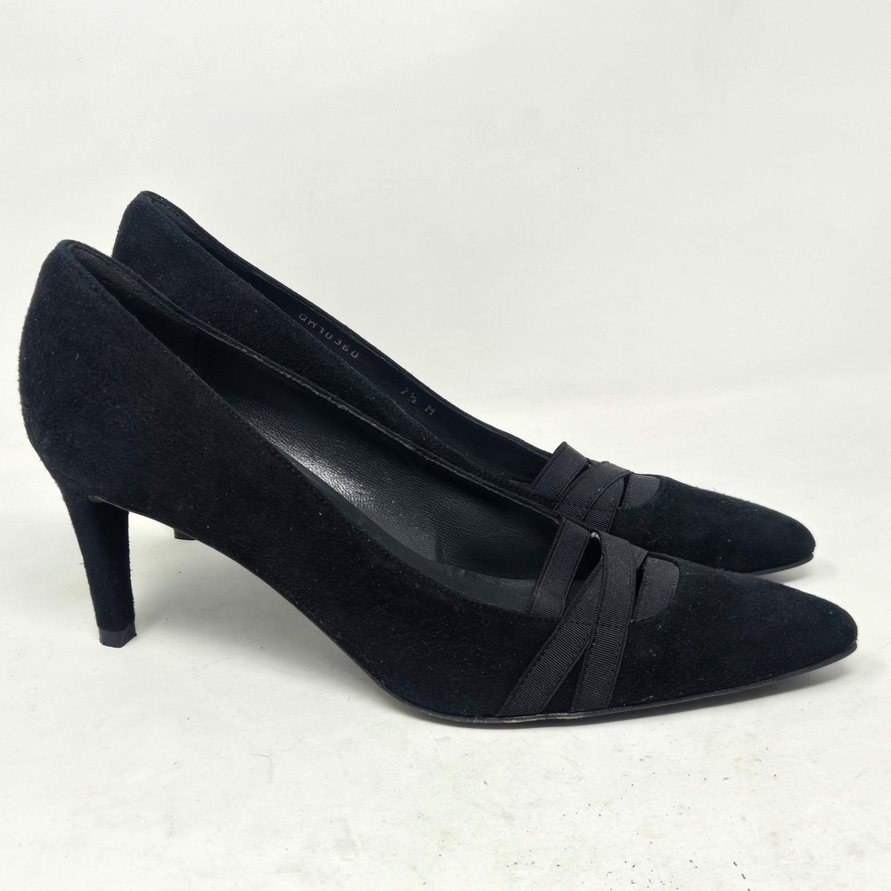 Stuart Weitzman Black Suede Pointed Toe Pumps Grosgrain Detail QH10360 Size 7.5M